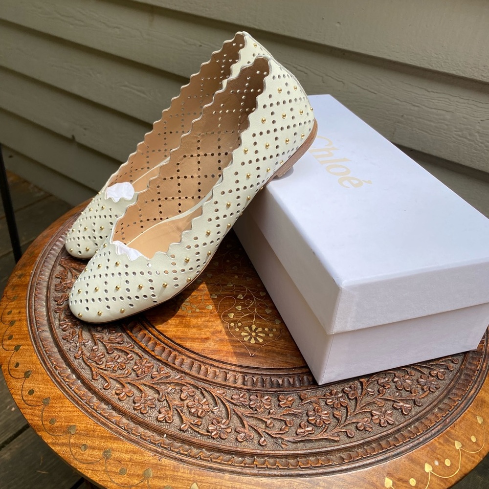 Chloé Perforated & Studded Leather Ballet Flats, 37.5